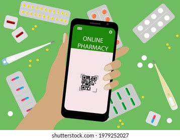 Concepto de compra de drogas en línea. Ilustración vectorial. Mano con teléfono móvil y aplicación de farmacia en línea.
