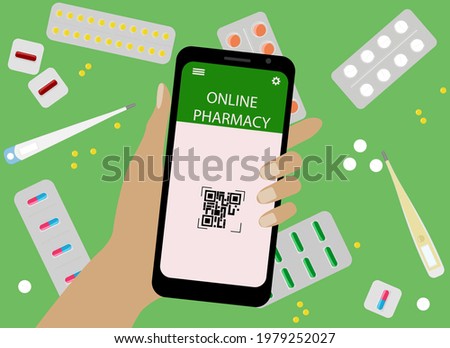Online drug purchase concept. Vector illustration. Hand with mobile phone and online pharmacy application.