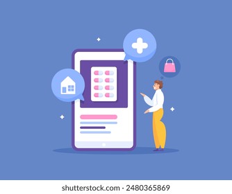 online drug store. health shop. medical market. shopping for medicines via the internet. illustration of a man wanting to buy using a smartphone. technology and health. illustration concept design