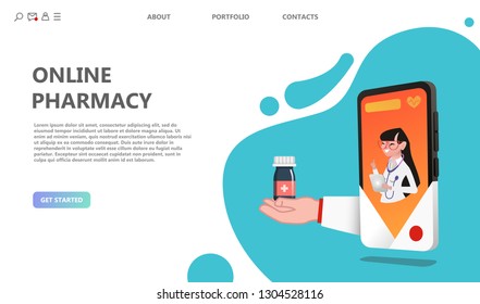 Online drugstore healthcare pharmacy concept. Internet drugstore. Medical diagnosis in hospital. Woman doctor online landing page. Illustration of web doctor and healthcare app on smartphone - Vector