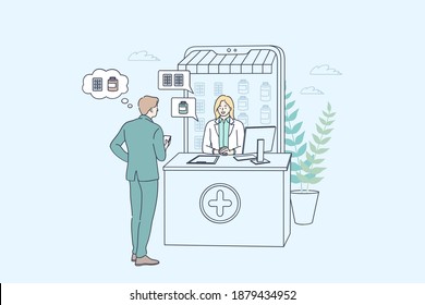 Online Drugstore And Pharmacy Concept. Man Cartoon Character Choosing Drugs In Online Pharmacy Shop And Talking To Virtual Pharmacist Woman At Desk Vector Illustration 