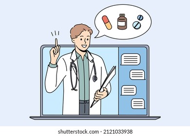 Online drugstore and pharmacy concept. Young smiling doctor pharmacist standing and showing pointing at drugs treatment online from laptop screen vector illustration 