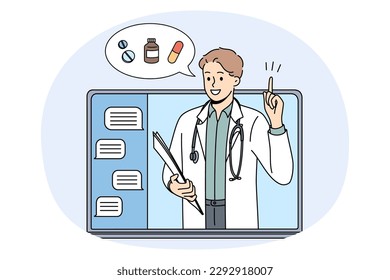 Online drugstore and pharmacy concept. Young smiling doctor pharmacist standing and showing pointing at drugs treatment online from laptop screen vector illustration