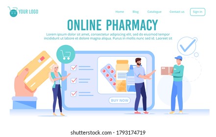 Online drugstore pharmacy service landing page. E-order, wireless cashless payment, fast home delivery service. Man woman doing medical prescription purchase. Courier delivering pills package