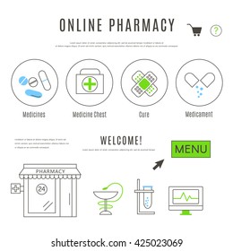 Online Drugstore and Pharmacy Web Design Template. Collection of Line Icons of Online Pharmacy, Ecommerce, Internet Shopping. Abstract concept for online store. Flat vector illustration. 
