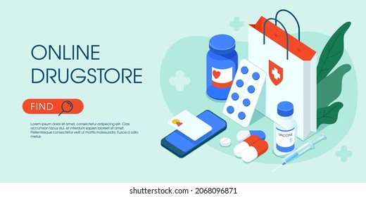 Online Drugstore Service Isometric Vector Illustration. Pay With A Smartphone Or Card To Buy Medicine Pills, Bottles, Capsules. E-commerce And Health Care, And Pharmacy Web Banner Concept.