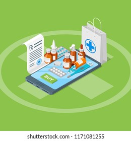 Online drugstore, vector 3d isometric illustration. Flat illustration. Pharmacy mobile app concept.