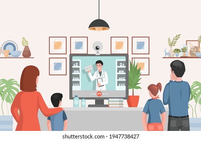 Online drugstore vector flat illustration. Family looking at display consulting with doctor about drugs. Doctor in medical robe holding blister with pills and consult patients. Telemedicine concept.