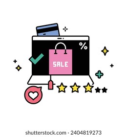 Online e commerce and shopping service, payment, delivery, shopping bag on laptop outline style vector illustration.