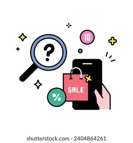 Comercio electrónico en línea y servicio de compras, búsqueda, pago, entrega, bolso de compra en la ilustración vectorial estilo de contorno de smartphone.
