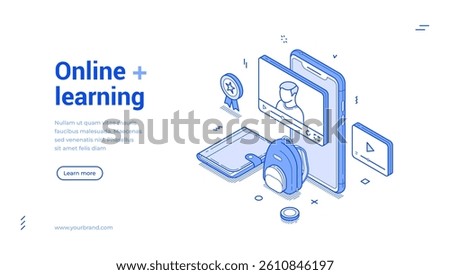 Online e learning education video lesson digital technology isometric web banner vector illustration. Internet remotely studying college school university student teaching seminar lecture landing page