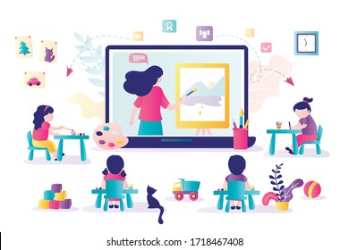 Online early childhood education courses. Free online preschool games, homeschooling, e-learning. Woman teacher on laptop screen.Group of preschoolers at distance learning. Kids in Kindergarten.Vector