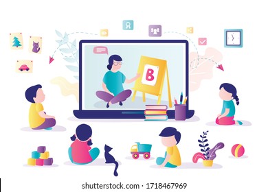 Online Early Childhood Education Courses. Free Online Preschool Games, Homeschooling, Elearning. Woman Teacher On Laptop Screen. Group Of Preschoolers At Distance Learning. Kids In Kindergarten.Vector