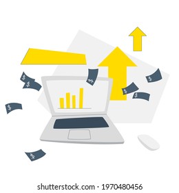 Online earning concept. Graph, laptop, arrow and profit. PPC advertising and conversion. Concept of business analyst, financial economic strategy