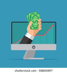 Online earning. Hand with computer holds money. Business cartoon concept. Vector creative color illustrations flat design in flat modern style.