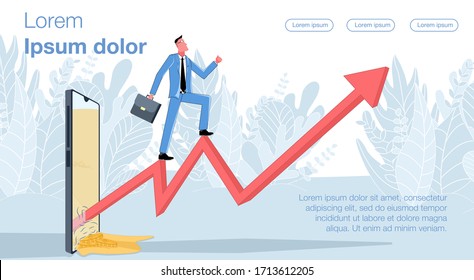 Online earnings. Businessman climbs the arrow of the graph that comes out of the phone screen. Business vector concept illustration.