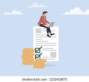 Online earnings and investment concept. Young man working with laptop on stack of dollars. vector
