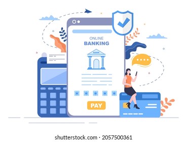 Online E-Banking App, Wallet or Bank Credit Card Vector Illustration with Technology, Data Protection, and Payment Security for Digital Payments Through Smartphones