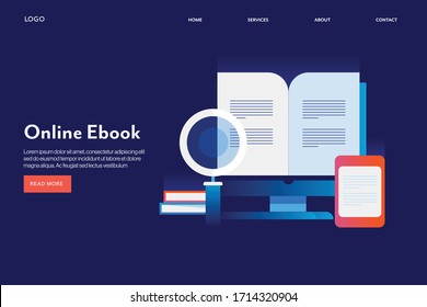 Ebook en línea, Leer en línea, Educación digital, aplicación de aprendizaje, aplicación de libros electrónicos, cursos digitales - plantilla de vector conceptual con iconos y textos