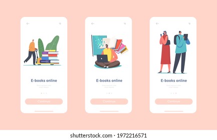 Online E-books Mobile App Page Onboard Screen Template. Tiny Characters with Digital Devices Reading Books in Internet or using Application for Gadgets Concept. Cartoon People Vector Illustration