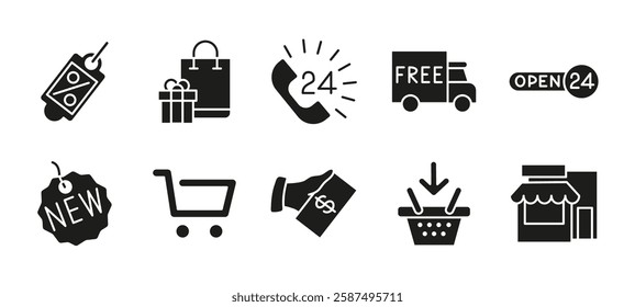 Online ecommerce icon set black. Shopping and retail symbol collection. Discount tag, store and basket vector illustration silhouette. Free delivery and e-commerce sign. Payment and checkout pictogram