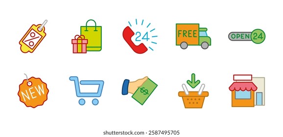 Online ecommerce icon set. Shopping and retail symbol colorful collection. Discount tag, store and basket vector illustration. Free delivery and e-commerce sign. Payment and checkout colored pictogram