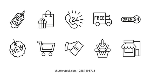 Online ecommerce icon set. Shopping and retail symbol collection. Discount tag, store and basket vector illustration. Free delivery and e-commerce sign. Payment and checkout pictogram.