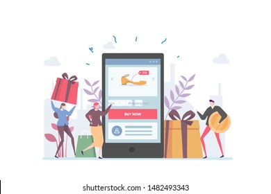 Online Ecommerce Shop Vector Illustration Concept Showing people using mobile phone to purchase at Ecommerce shop, Suitable for landing page, ui, web, App intro card, editorial, flyer, and banner.