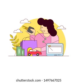 Online Ecommerce Shop Vector Illustration Concept Showing Female buy Car at Ecommerce shop, Suitable for landing page, ui, web, App intro card, editorial, flyer, and banner. 