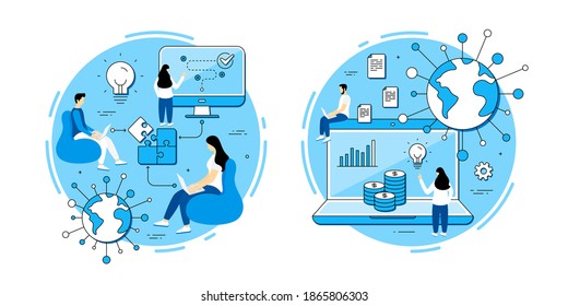 Online ecommerce vector icons set. Business strategy, Problem solving, Startup teamwork. Online document, business idea, ecommerce strategy. Web marketing, employees remote work. Metaphor icons.