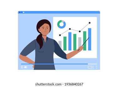 Online economy learning. Video tutorial from professionals, bloggers. Online education, e-learning, studying at home. Vector flat illustration.