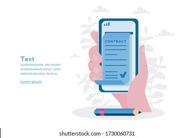 Online e-contract document sign via smartphone. Vector illustration for web banner, infographics, mobile. Electronic contract or digital signature 