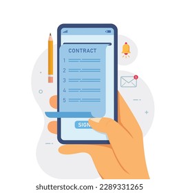 Signo de documento de contrato electrónico en línea a través de ilustración de vector de smartphone