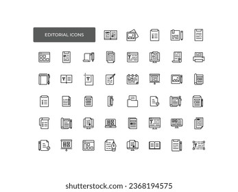 Online editorial design line icons set, outline vector symbol collection. Signs, logo illustration. Set includes icons as web design, text size, website, magazine, layers