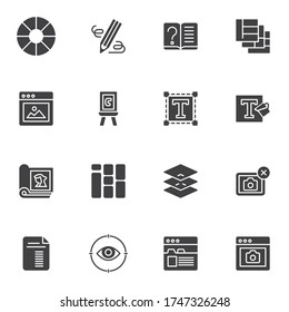 Online editorial design vector icons set, modern solid symbol collection, filled style pictogram pack. Signs, logo illustration. Set includes icons as web design, text size,  website, magazine, layers