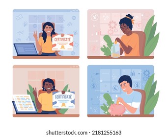 Online education 2D vector isolated illustration set. Flat characters on cartoon background. Colourful editable scene for mobile, website, presentation collection. Bebas Neue, Quicksand fonts used