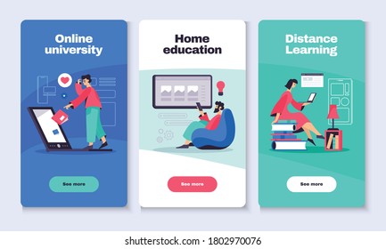 Online education 3 vertical web banners with distant e-learning university college courses info flat vector illustration