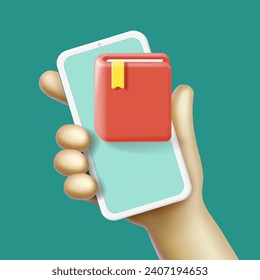 Online education 3d concept. Hand holding mobile phone with educational app. Distant e-learning, Book on the screen. Vector