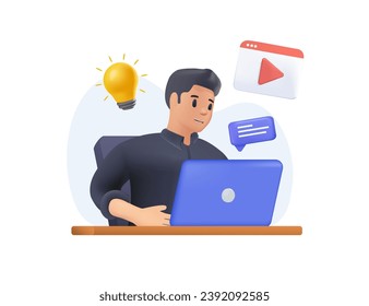 Online education 3D design concept, training and courses, learning, video tutorials. Vector illustration for website banner, marketing material, presentation template, online advertising. 3D vector