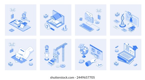 Online education 3d isometric concept set with isometric icons design for web. Collection of virtual library, reading books, e-learning platform, video lessons, science learning. Vector illustration