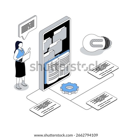 Online education 3d isometric concept with isometry people design for web. Woman reading books and textbook in mobile app, distantly learning with e-books in virtual library. Vector illustration