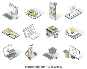 Online education 3d isometric icons set. Pack elements of reading e-books, online library, distance learning, testing, listening to lectures, graduation. Vector illustration in modern isometry design