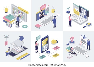Online education 3d isometry concept for web design. Collection set with isometric people studying distantly at school, college or university platforms, reading digital books. Vector illustration.