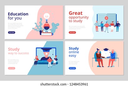 Online education 4 flat concept banners web page design with certified training university college courses vector illustration