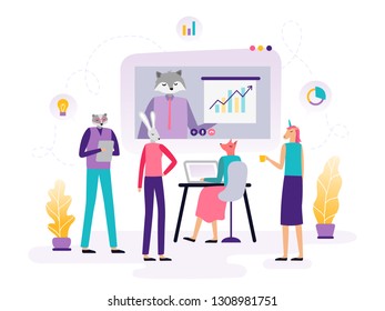 Online education. Abstract animals working with a laptop, watching video and learning. Background or banner for site or landing page with a distance course theme. Vector illustration