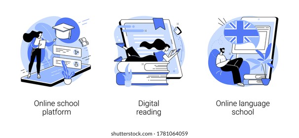 Online education abstract concept vector illustration set. Online school platform, digital reading, language school, homeschooling, education platform, recorded video classes abstract metaphor.