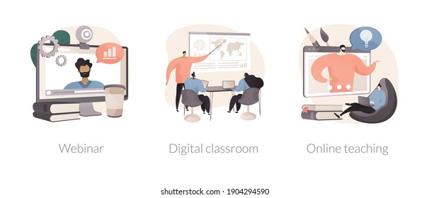 Online education abstract concept vector illustration set. Webinar, digital classroom, online teaching, smart flipped classroom, video course, peer level meetings, elearning abstract metaphor.