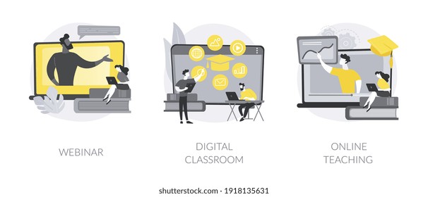 Conjunto de ilustraciones vectoriales de concepto abstracto de educación en línea. Seminario web, aula digital, enseñanza en línea, aula inteligente invertida, curso de vídeo, reuniones a nivel de compañeros, aprendizaje de una metáfora abstracta.