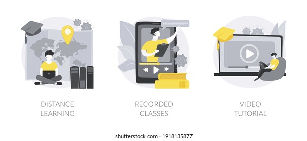 Online Education Abstract Concept Vector Illustration Set. Distance Learning, Recorded Classes, Video Tutorial, Watching Webinar, Podcast Courses, Elearning Tutorial, Online Degree Abstract Metaphor.