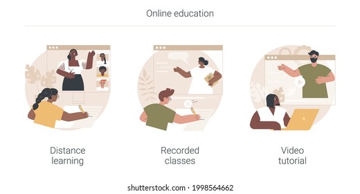 Online Education Abstract Concept Vector Illustration Set. Distance Learning, Recorded Classes, Video Tutorial, Watching Webinar, Podcast Courses, Elearning Tutorial, Online Degree Abstract Metaphor.